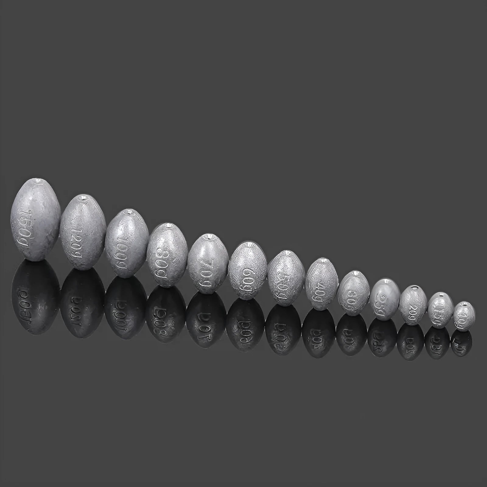 Olive coloured rugby-shaped fishing sinker with scale pattern, showing 10g to 150g weight options