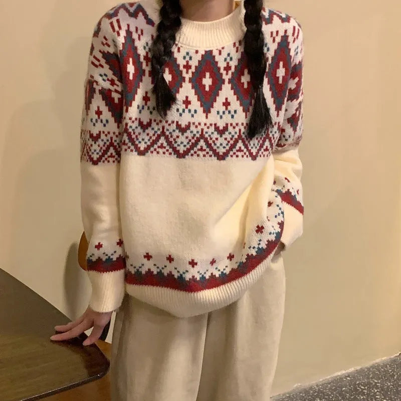 White and red striped loose retro pullover knitted top with long sleeves.