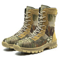 Men's black and camouflage high-top mesh Martin combat boots showing totem detail, side view.