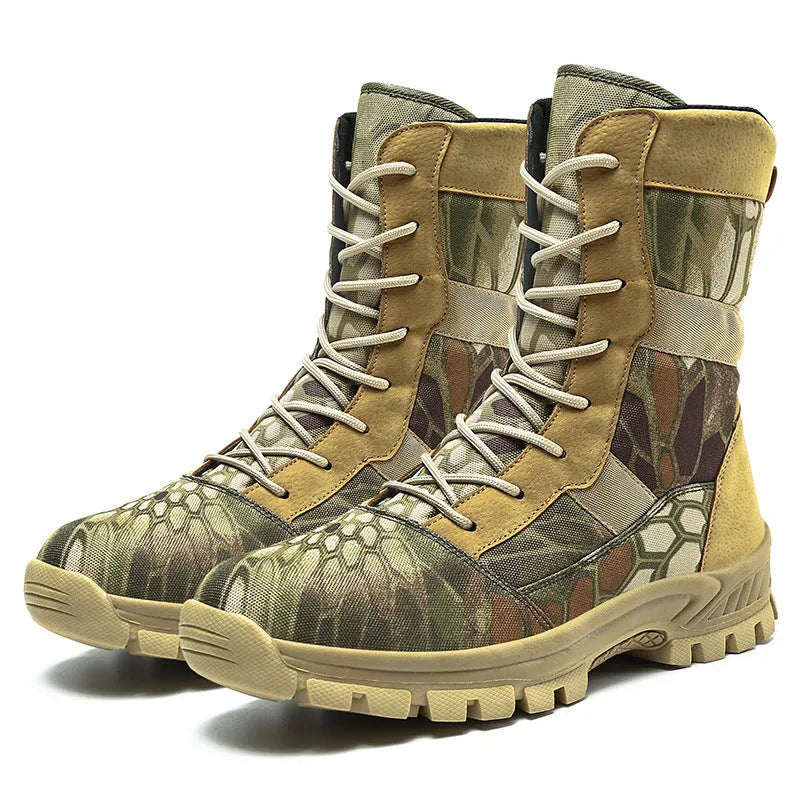 Men's black and camouflage high-top mesh Martin combat boots showing totem detail, side view.