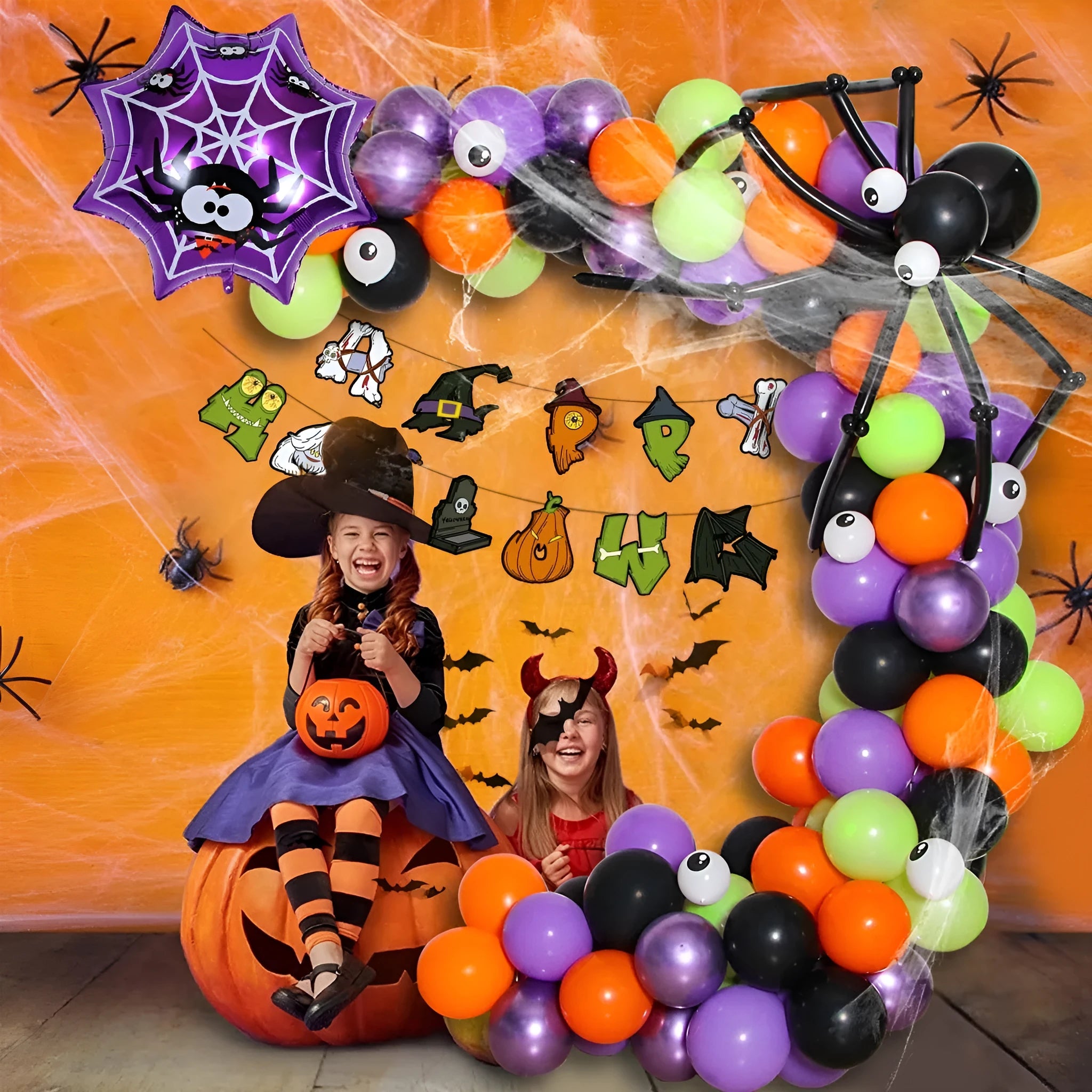 Halloween spider balloon arch decoration set with white and black skull and pumpkin balloons