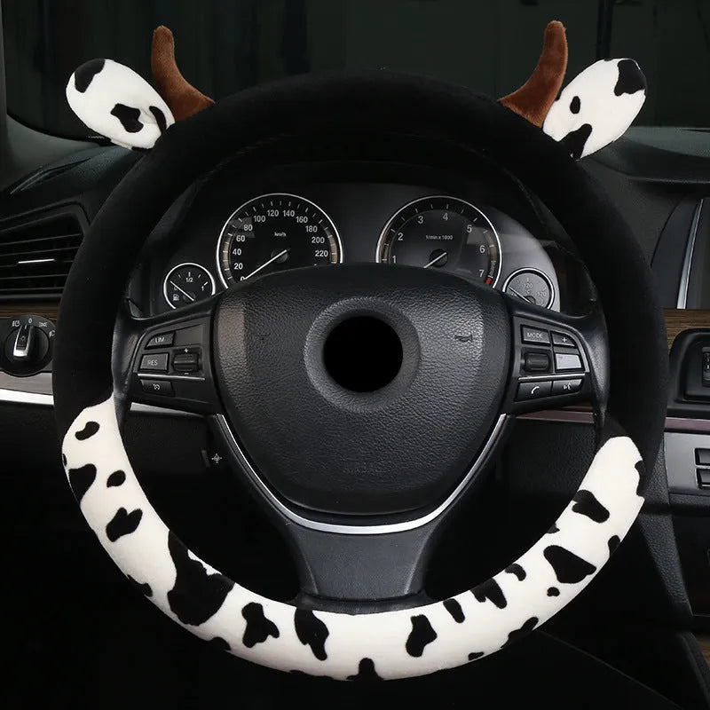 Short plush car steering wheel cover in black or coffee colour, 38cm diameter