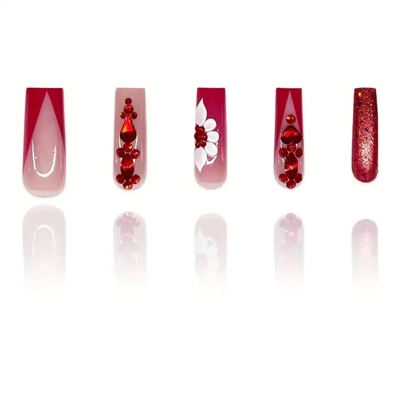 Sweet floral pattern removable fake nails with red diamond accents in European square shape