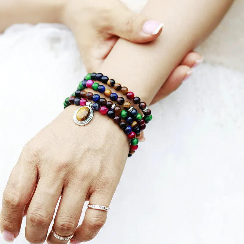Natural stone meditation bracelet necklace with colour tiger-eye beads and 108 symbolic pendants on adjustable chain