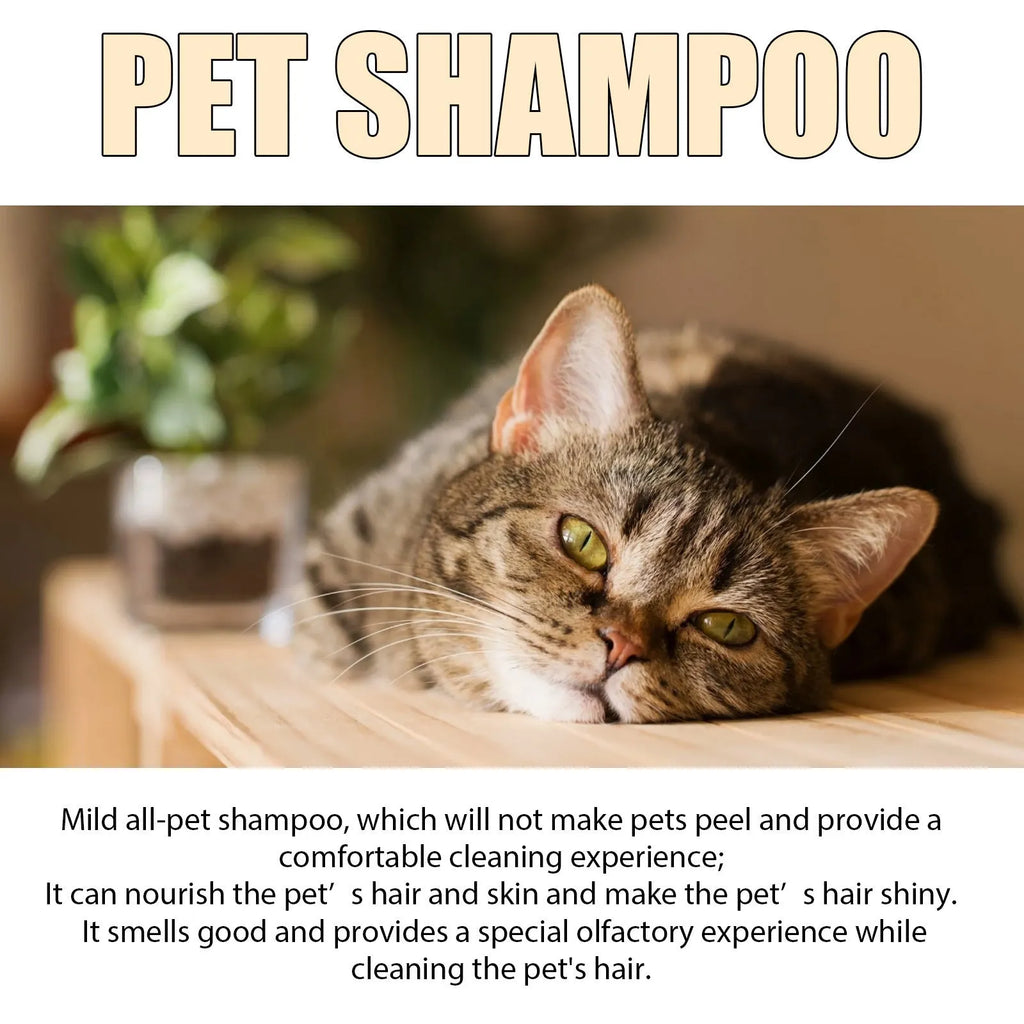 Bottle of mild pet shampoo for dogs and cats, showing 100ml and 300ml size options.