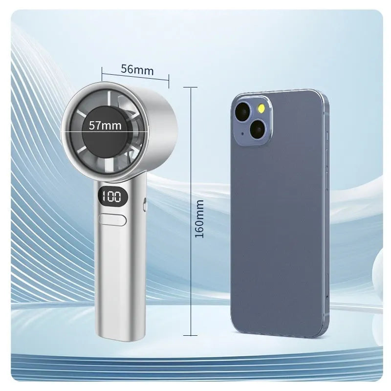 A handheld personal fan showing colour options of green, khaki, silver, and white, with 120-speed variable control.
