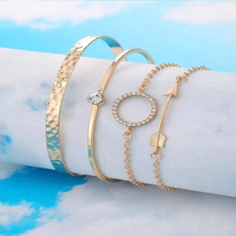 Women's 4 piece rhinestone round arrow bracelet set in electroplated alloy, European and American style