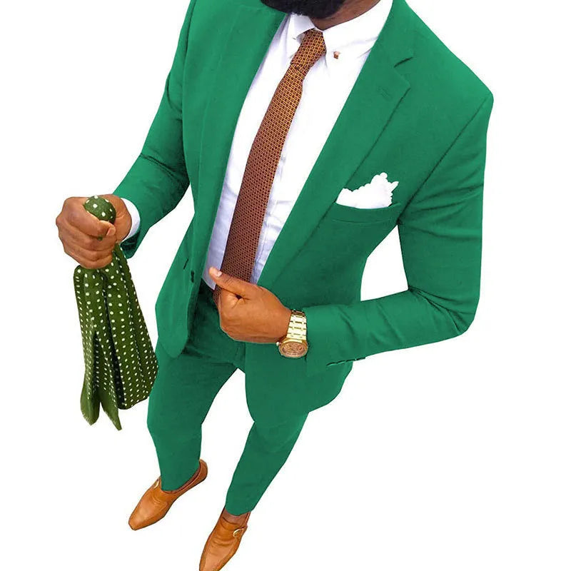 Men's two-piece cotton banquet suit in a choice of colours, showing jacket and trousers.