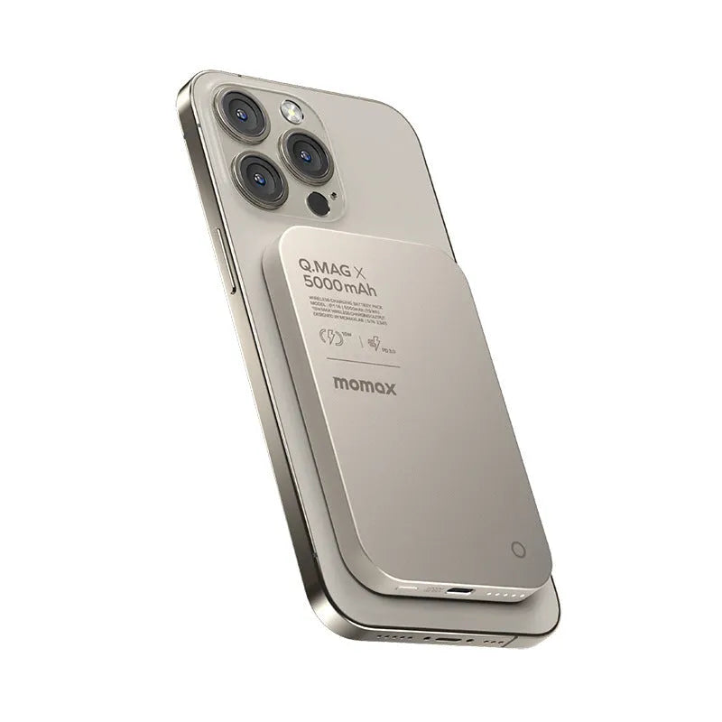Black and Titanium Gold magnetic wireless alloy power bank with capacity options displayed.
