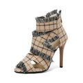Women's denim high heel sandals in plaid and leopard print patterns available in EU sizes 32 to 50