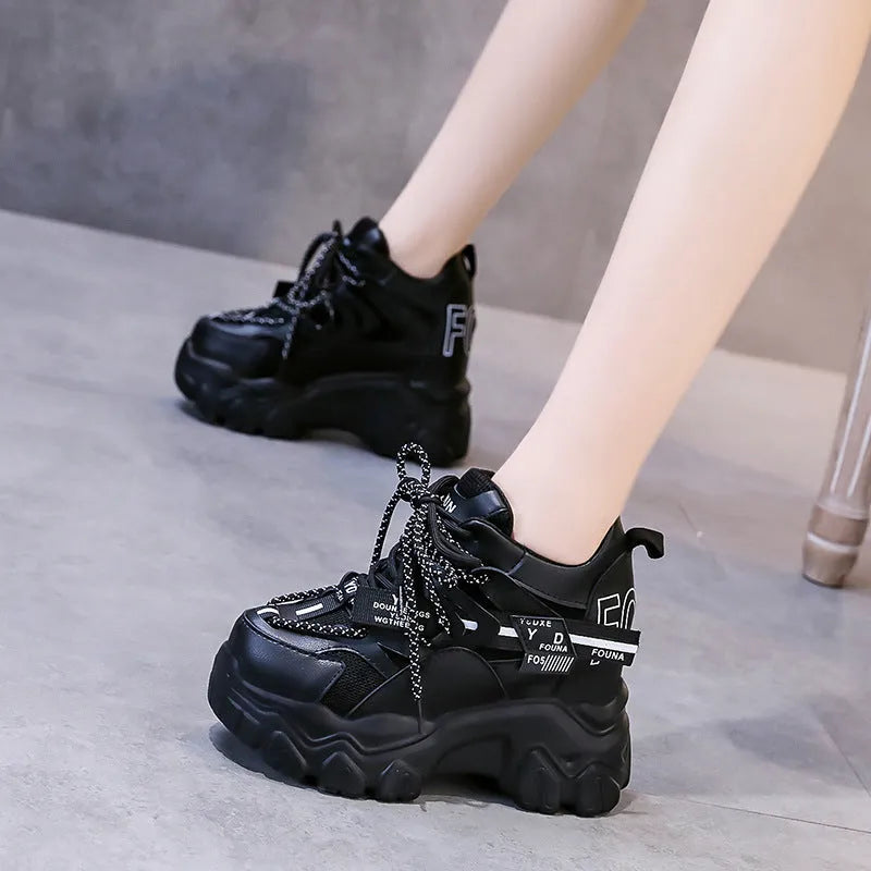 Women's white breathable mesh platform sports shoes with cross strap and 6-8 cm heel.