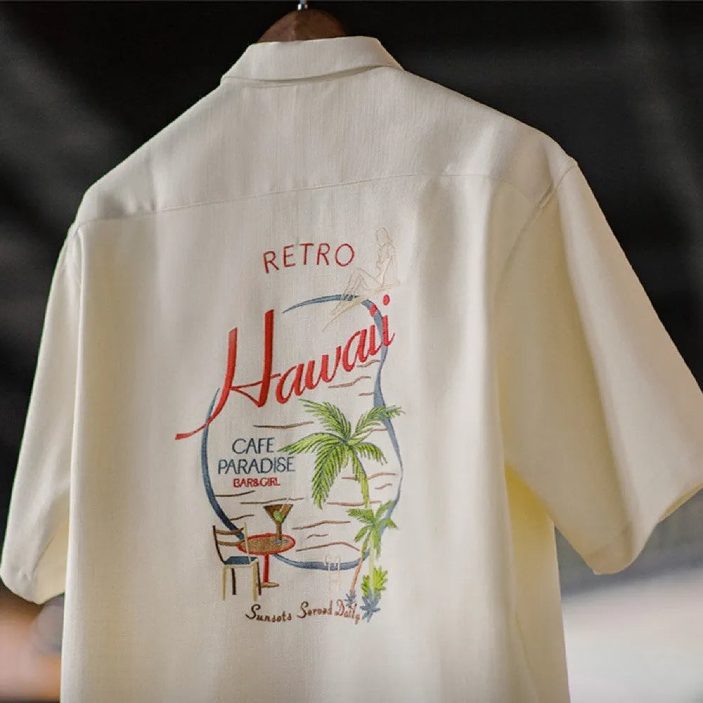 Light apricot men's shirt with bamboo and floral pattern and a Cuban collar