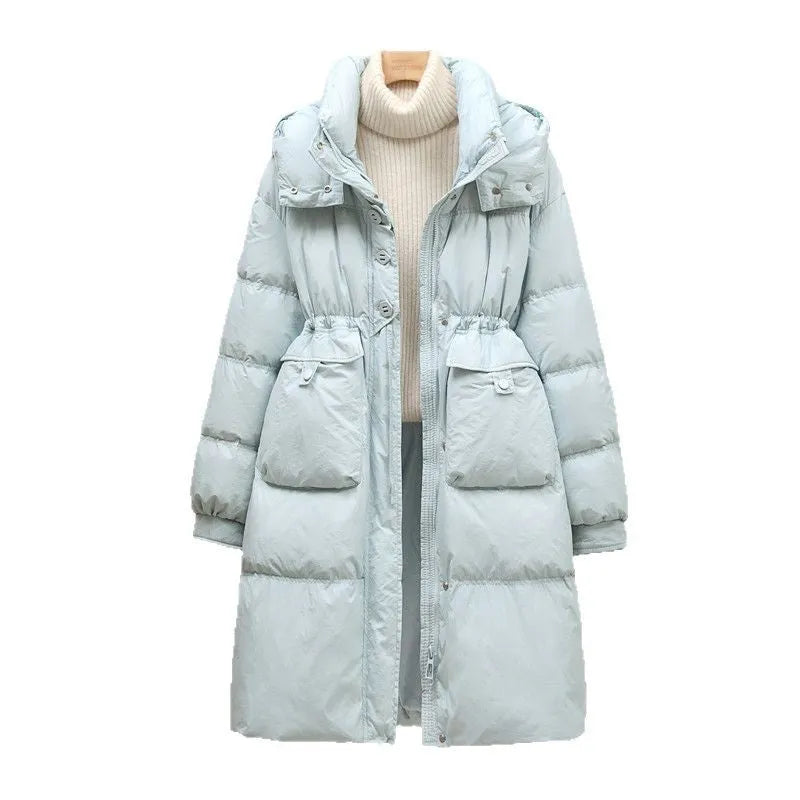 Women's mid-length duck down jacket, 80cm below-knee loose coat in six colours, sizes S to M