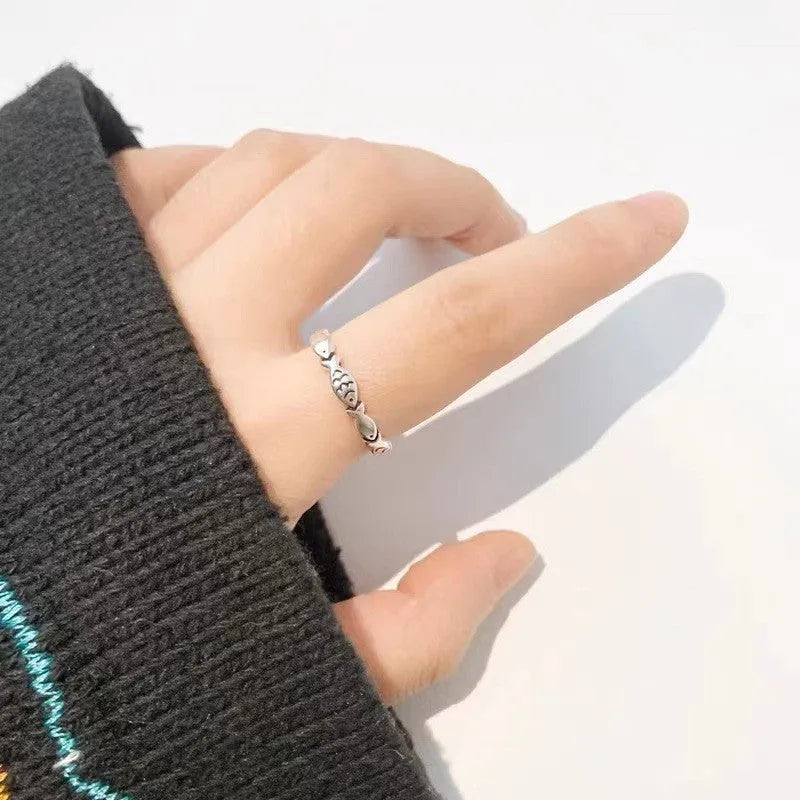 Women's adjustable S925 sterling silver ring featuring a vintage fish (carp) design.
