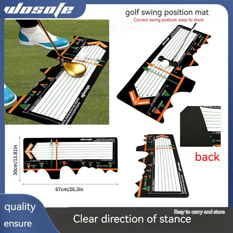 Black neoprene golf swing training pad with alignment markings on a green artificial turf surface.