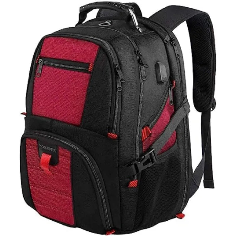 Large unisex USB backpack in black, red, or sky blue, made from waterproof Oxford cloth.