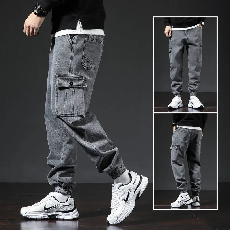 Japanese-style multi-pocket cotton workwear jeans for men in blue, black, and gray, sizes M to 5XL