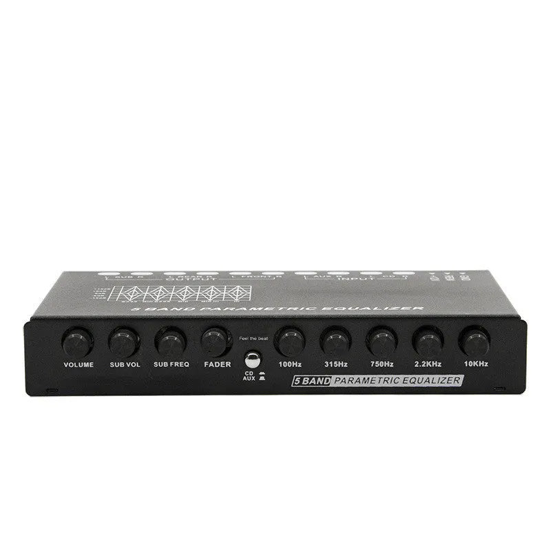 Black car audio equaliser with control knobs for subwoofer volume and frequency adjustment