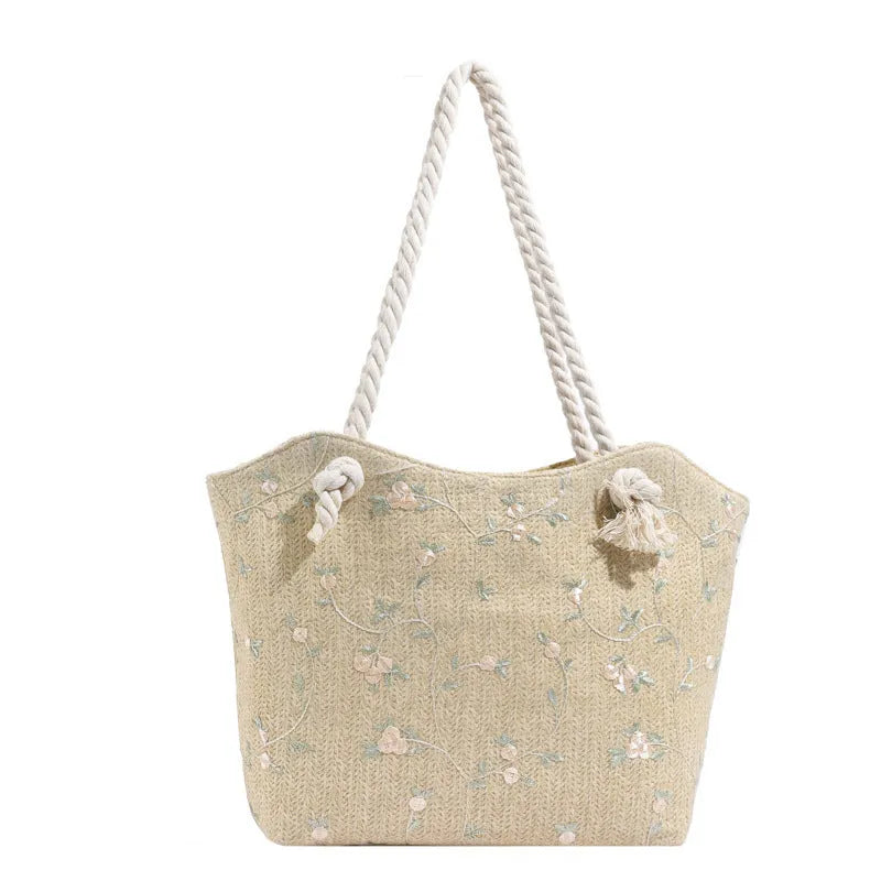 Large capacity PU handbag with flap closure in white and khaki, sewing line detail