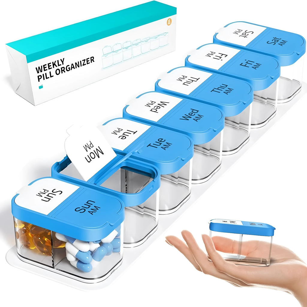 White and rainbow coloured portable weekly pill organiser with 14 removable compartments.