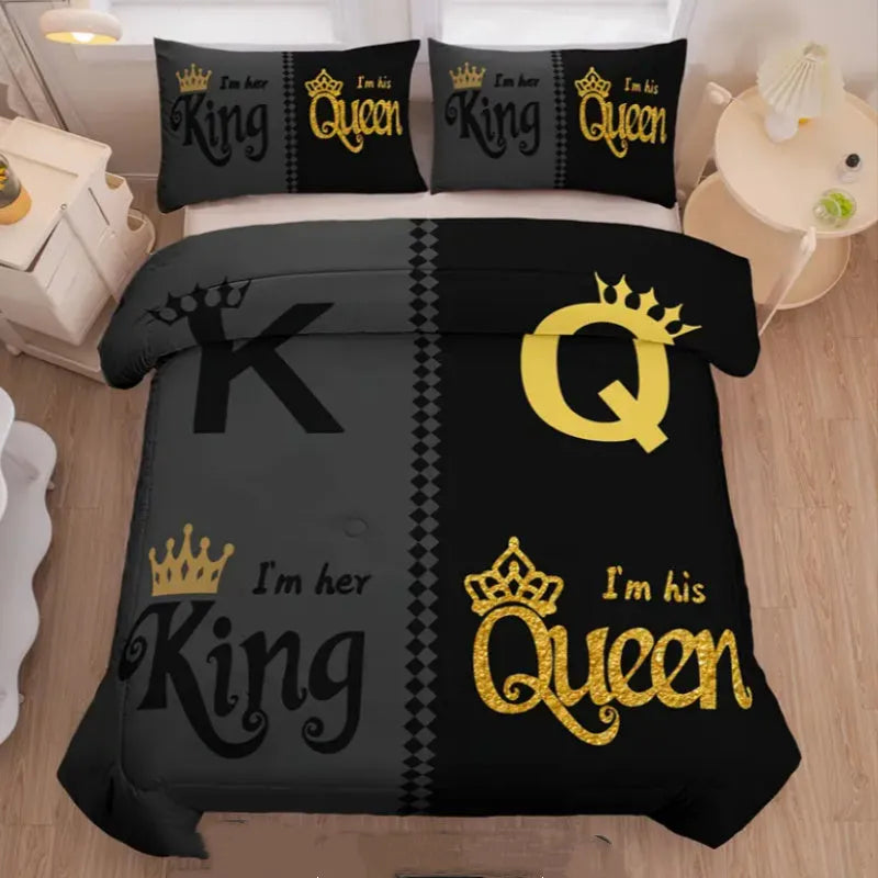 Three piece Crown English digital printed quilt cover set in light gray with pattern, on a bed