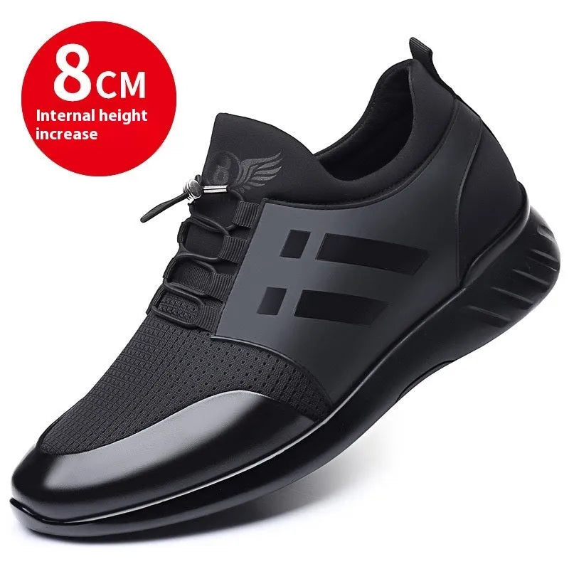 Men's black casual height increasing shoes in leather, Lycra, and mesh variants with round toe and chunky heel.