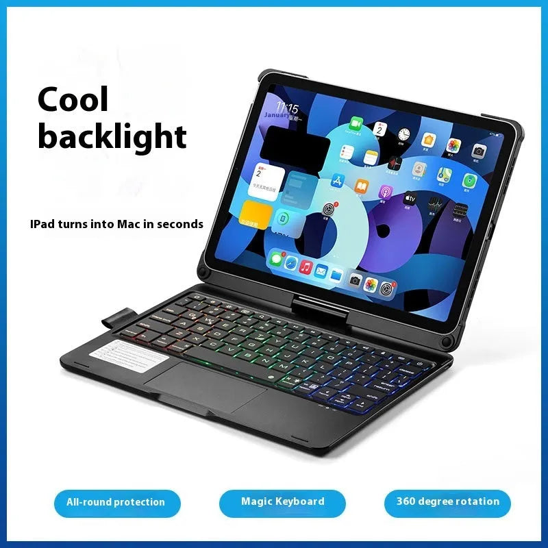 Miaocontrol silver Bluetooth keyboard with rotating stand holding an iPad Pro tablet.