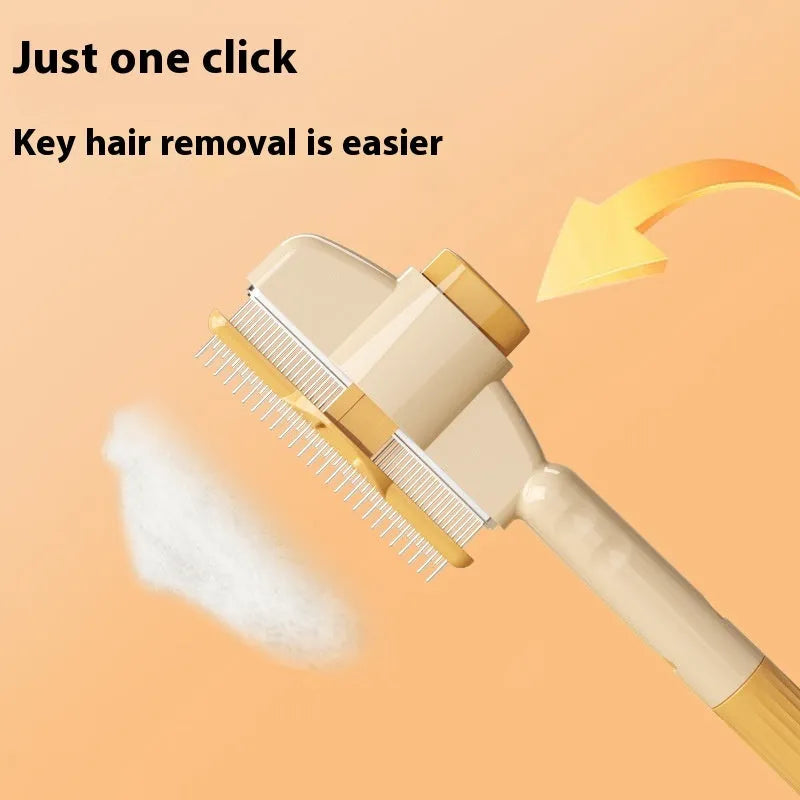 Yellow and green self-cleaning pet combs with stainless steel teeth on a white background