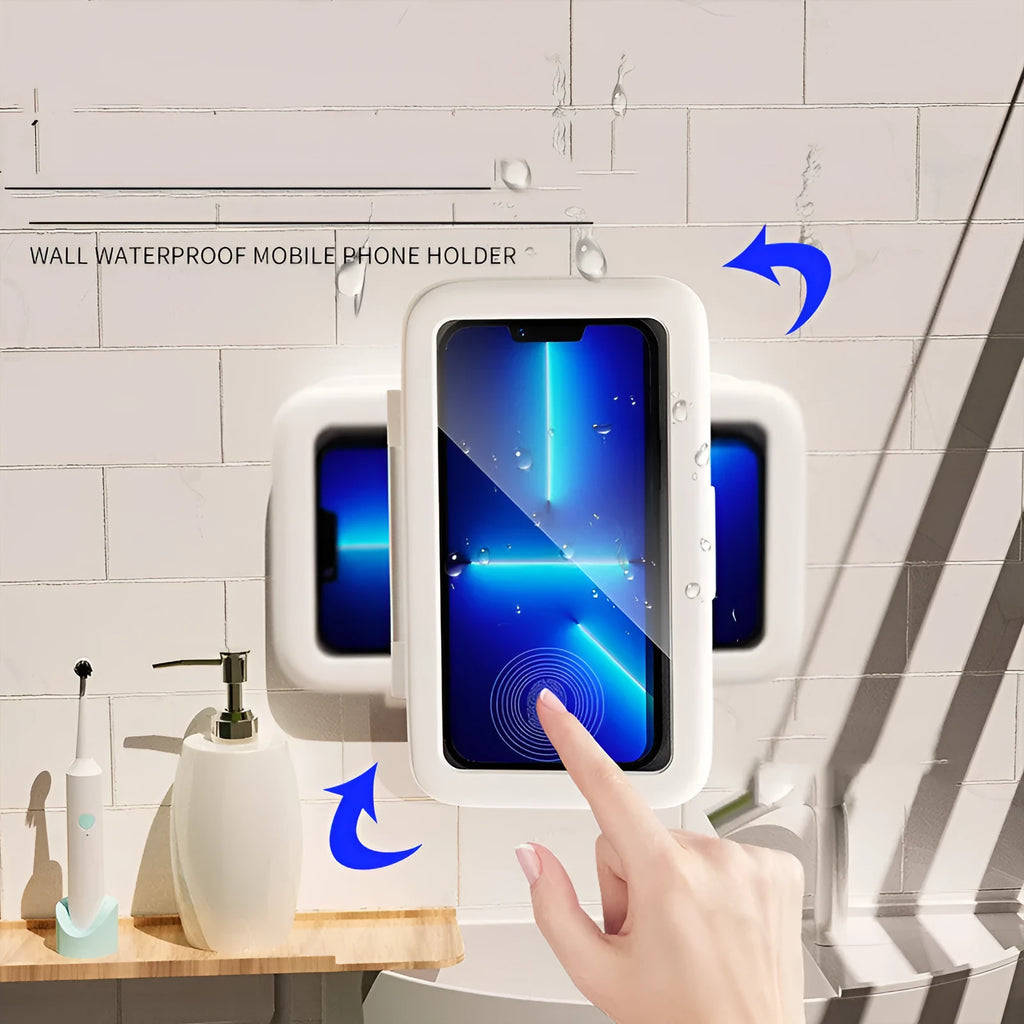 White waterproof phone holder mounted on bathroom tile with phone visible through anti-fog window