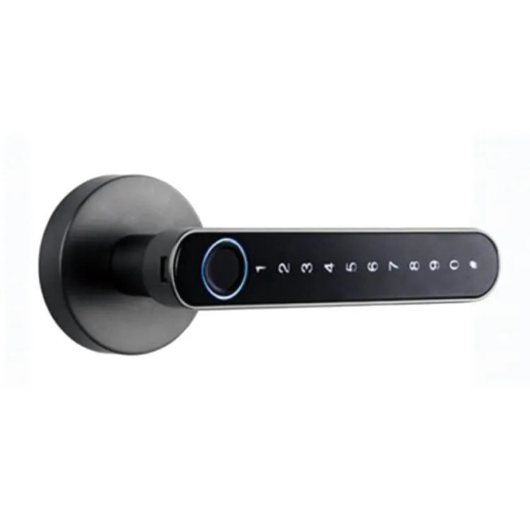 Smart door lock in black with fingerprint sensor in handle, supporting app, password and key unlocking