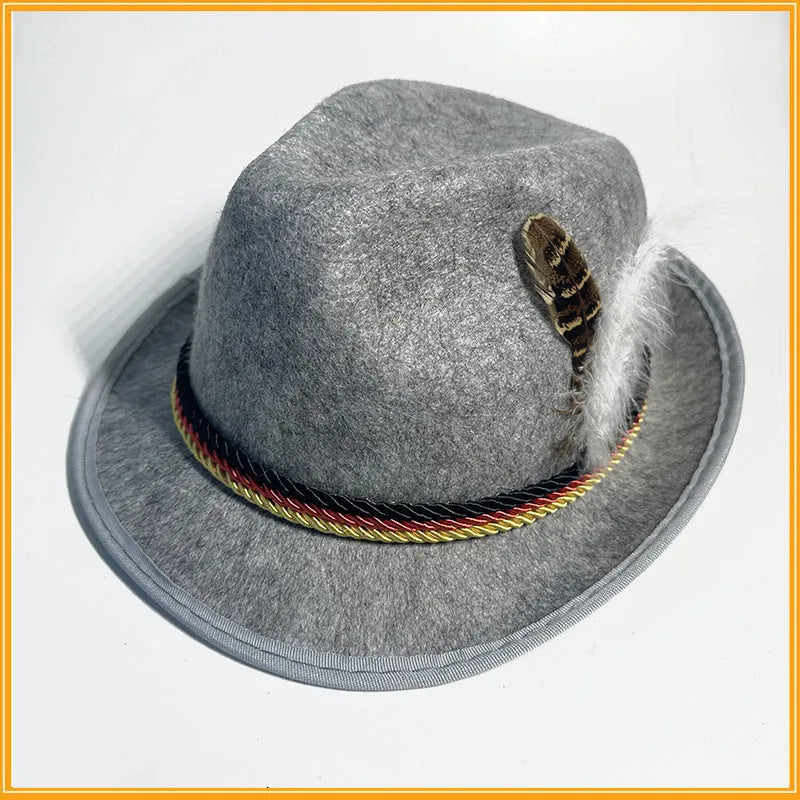 Velvet jazz hat fedora 30x26x14cm in light gray with composite turkey feather on side