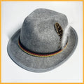Velvet jazz hat fedora 30x26x14cm in light gray with composite turkey feather on side