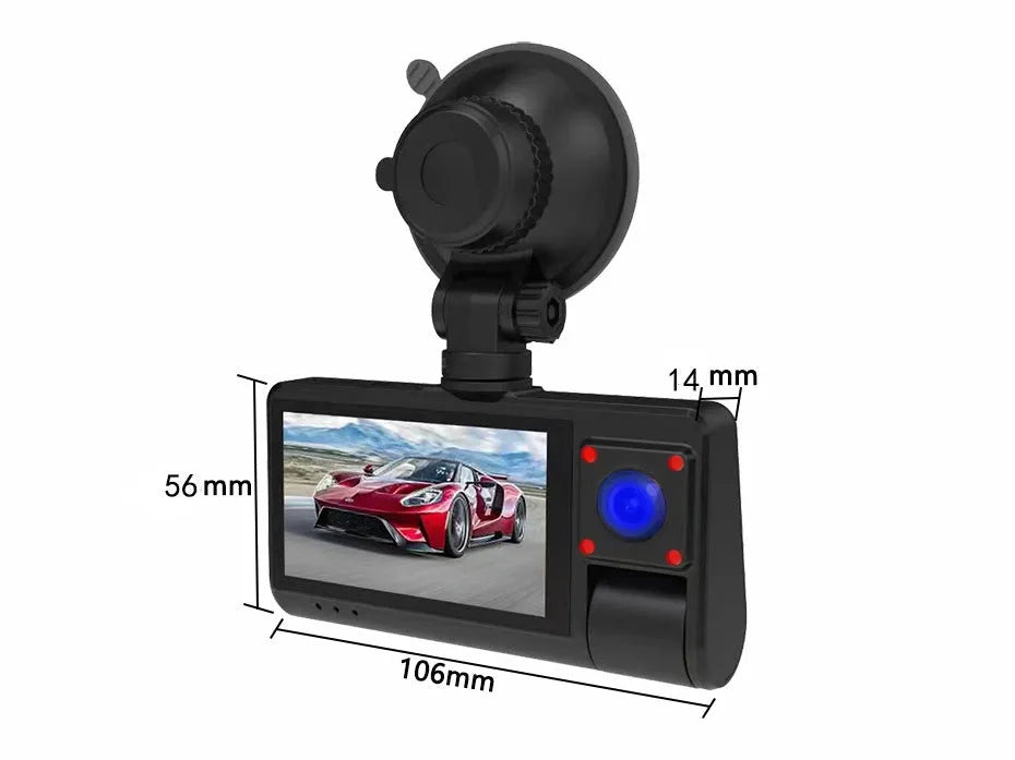 Black G50 dash cam with 3-inch touch screen shown mounted on a car windshield.