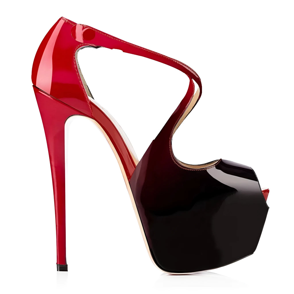 Black and red women's peep toe high heels with cross strap design and super high rubber sole heels