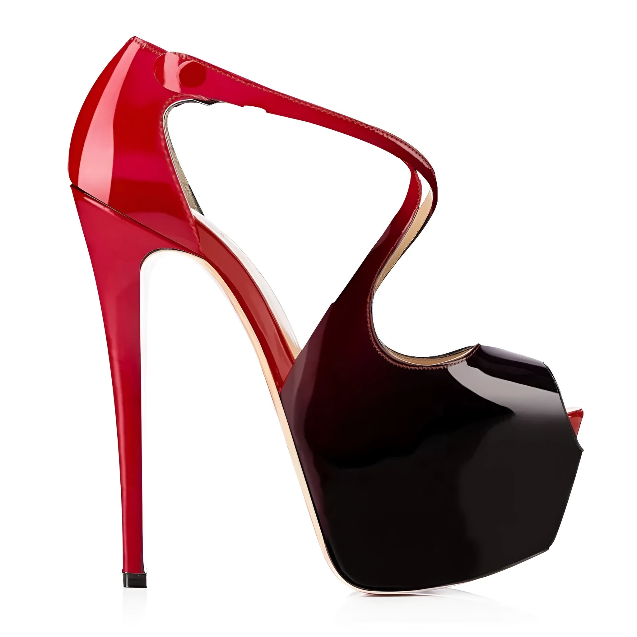 Black and red women's peep toe high heels with cross strap design and super high rubber sole heels