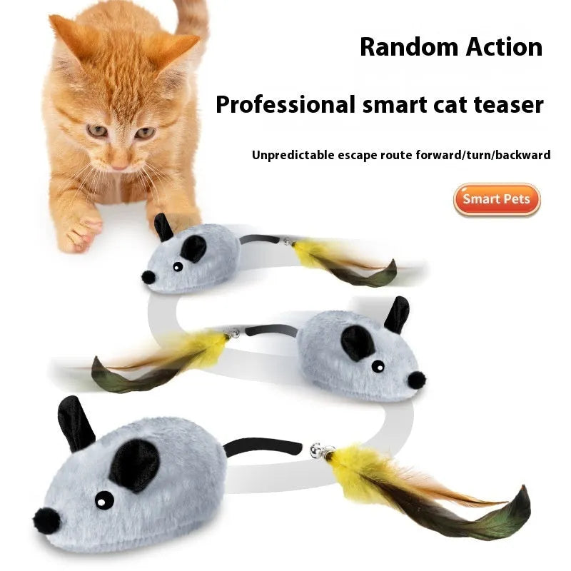 Electric charging mouse cat toy with feather tail decoration in grey or yellow plastic