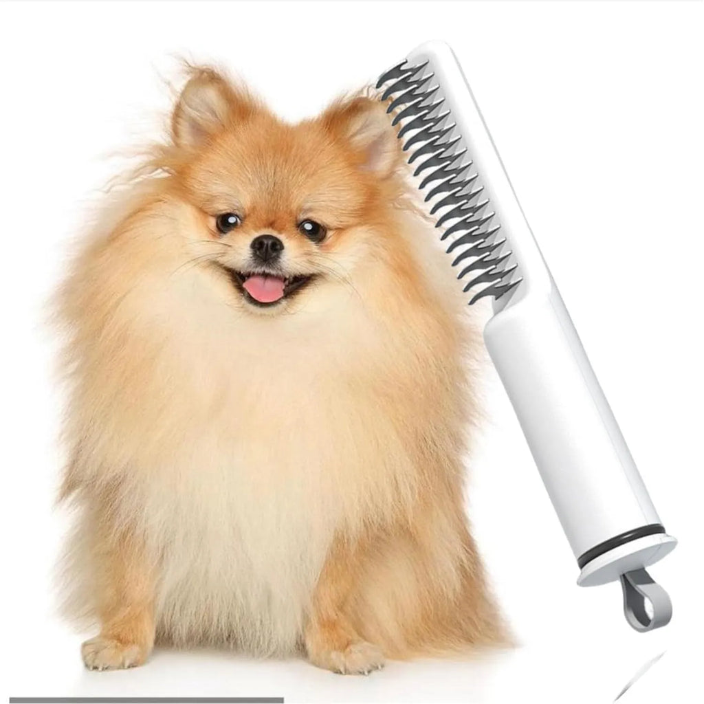 Pink and white stainless steel dog dematting comb with 18.8 cm handle for removing hair knots.