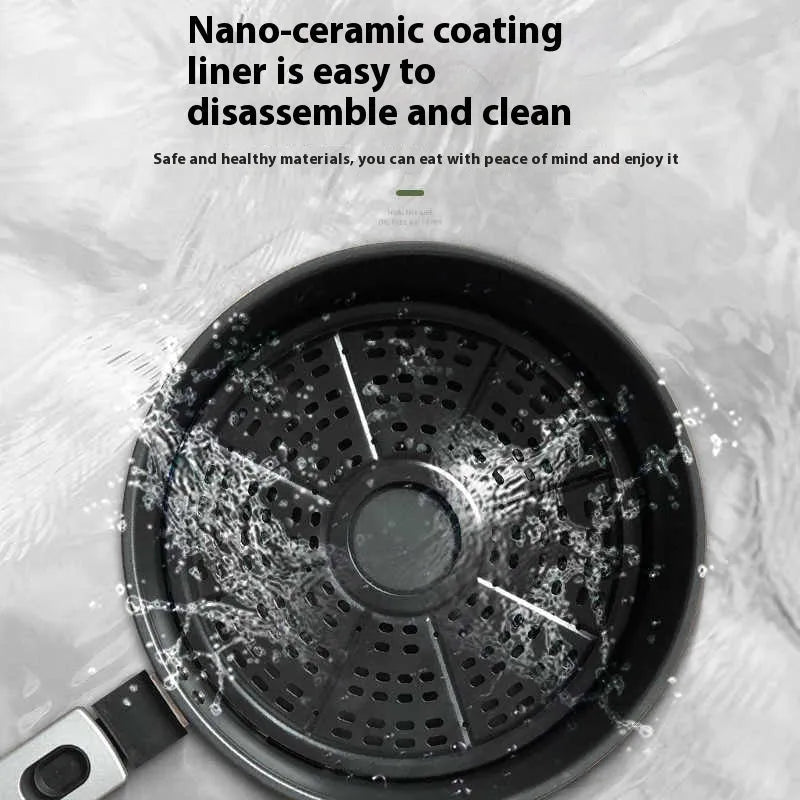 8-litre air fryer oven with mechanical buttons and a visible ceramic-coated cooking pot.