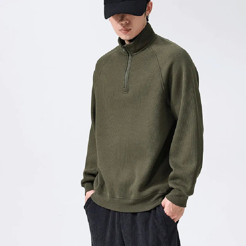 Men's fleece sweatshirt stand-collar long sleeve cotton blend pullover winter top in black