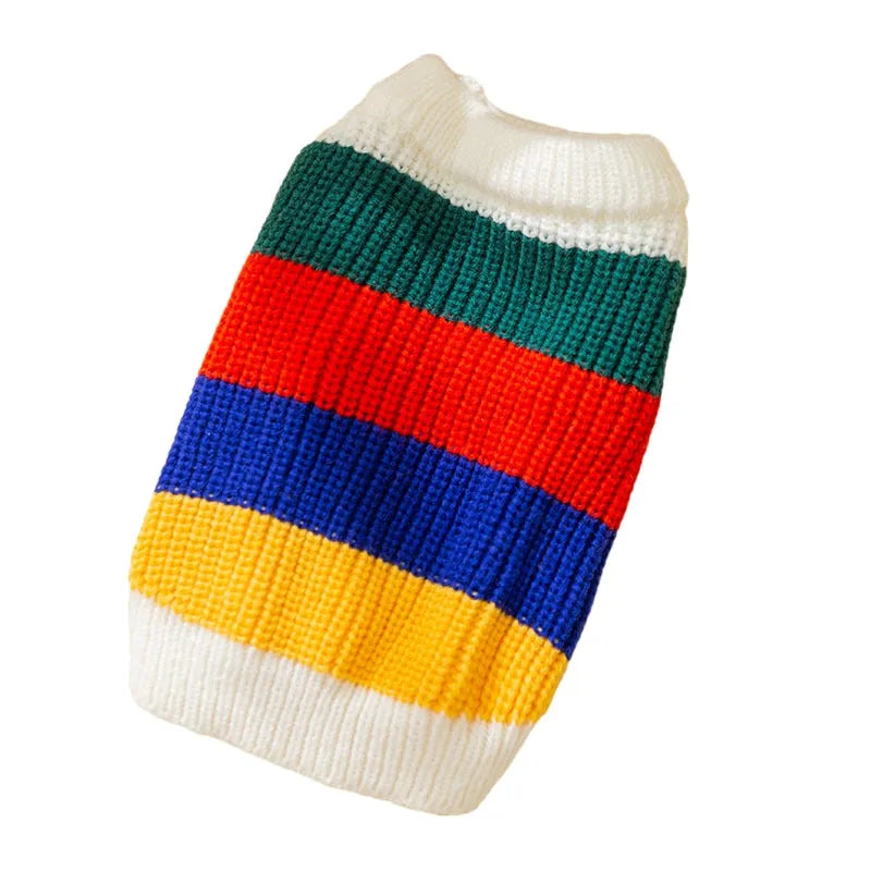 White rainbow striped knitted pet sweater for cats and dogs, soft core yarn, sizes XS to XL