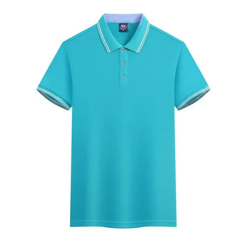 Man wearing a slim fit ice silk quick-dry polo shirt in blue, short sleeve workwear top.