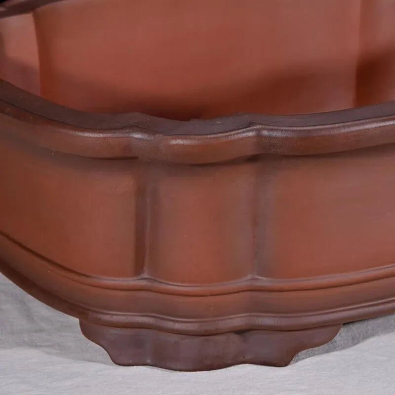 Large antique-colour purple clay flowerpot with Chinese tree stump pine cypress pomegranate golden marble antique jade belt crabapple design