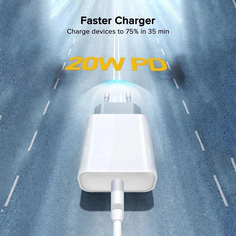 White 20W PD mobile charger with Type-C interface and international plug adapters