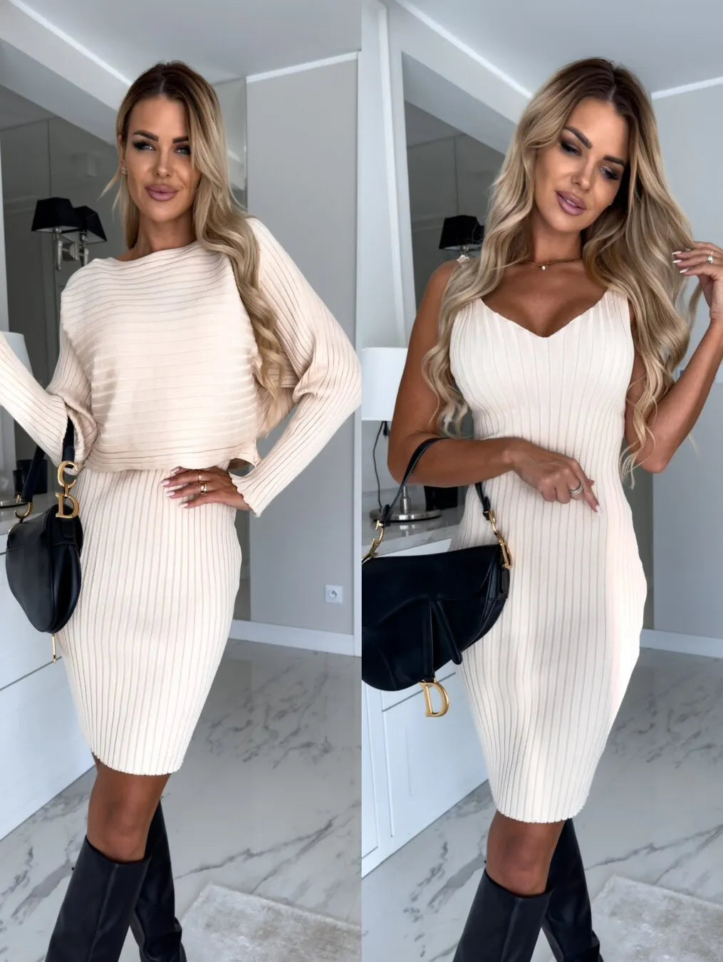 Women's solid stripe long-sleeved top and tight suspender skirt two-piece suit in beige