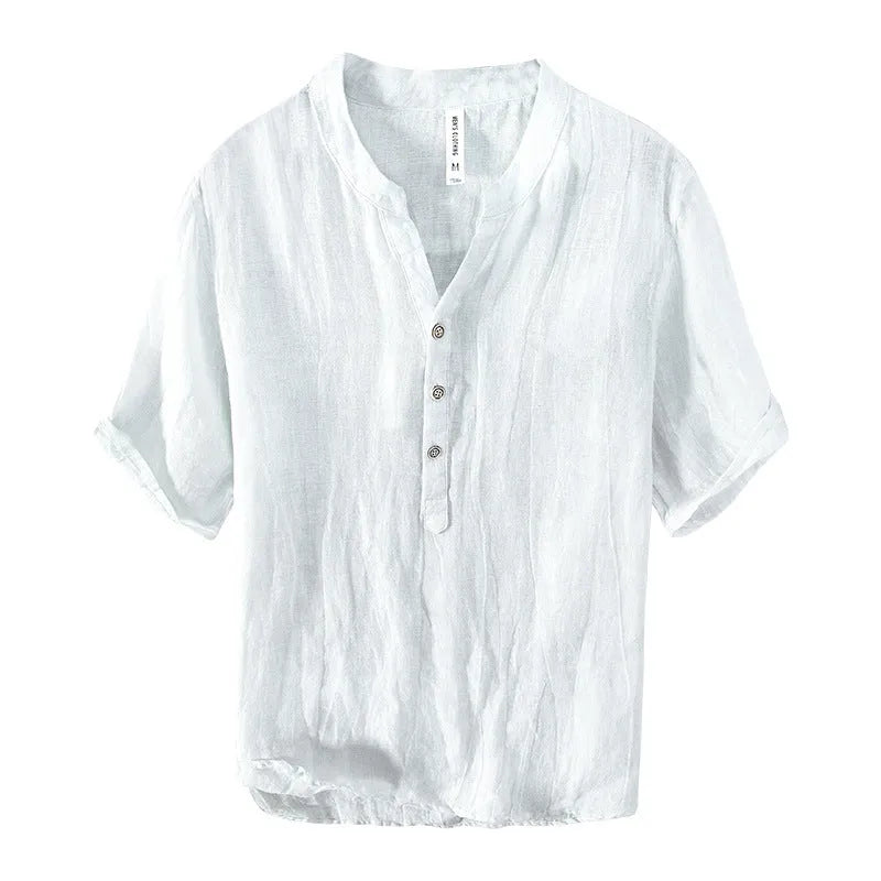 Retro-styled linen pullover top with short sleeves in striped pattern