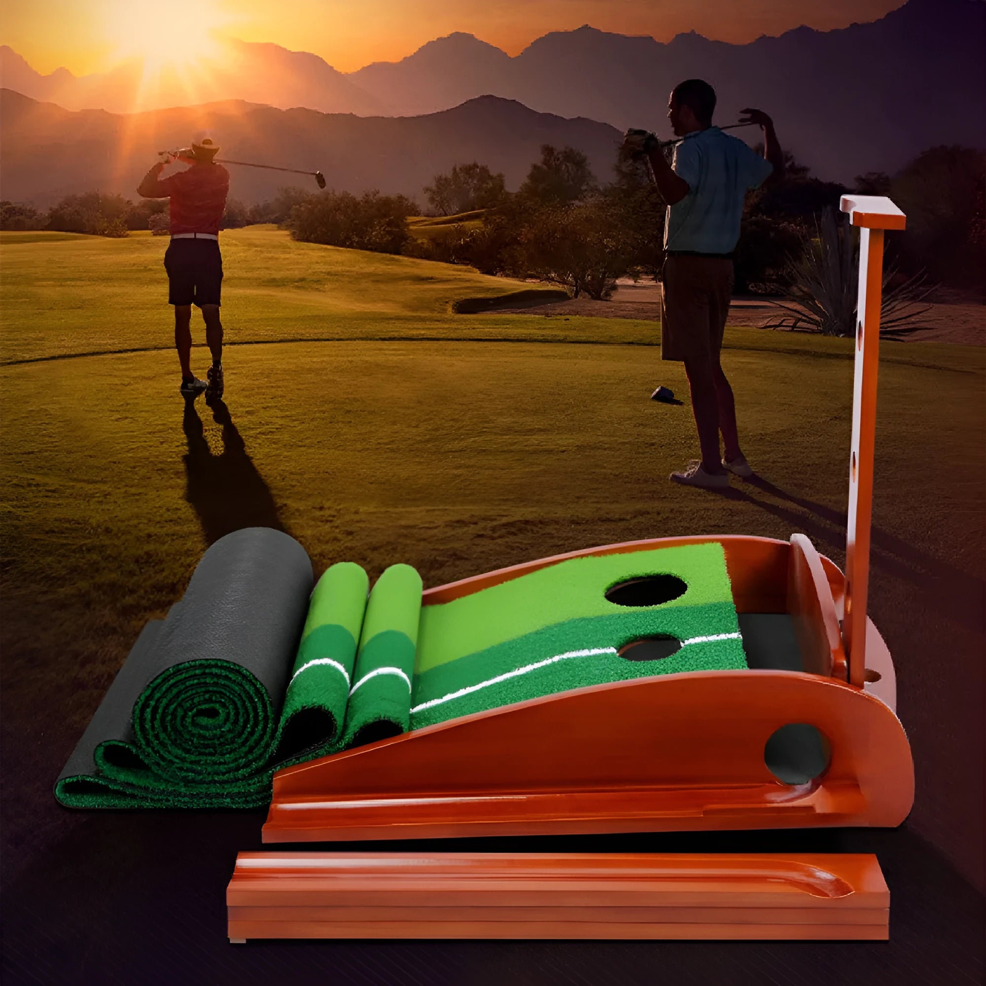 Indoor golf putting practice mat with dual hole targets and automatic ball return system