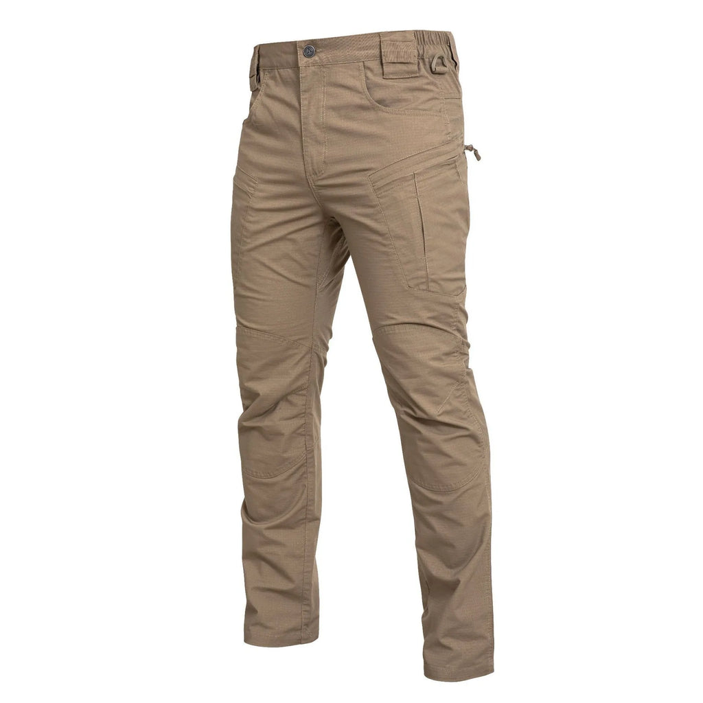 Loose multi-pocket men's cargo pants in khaki cotton blend fabric with multiple pockets and drawstring waist