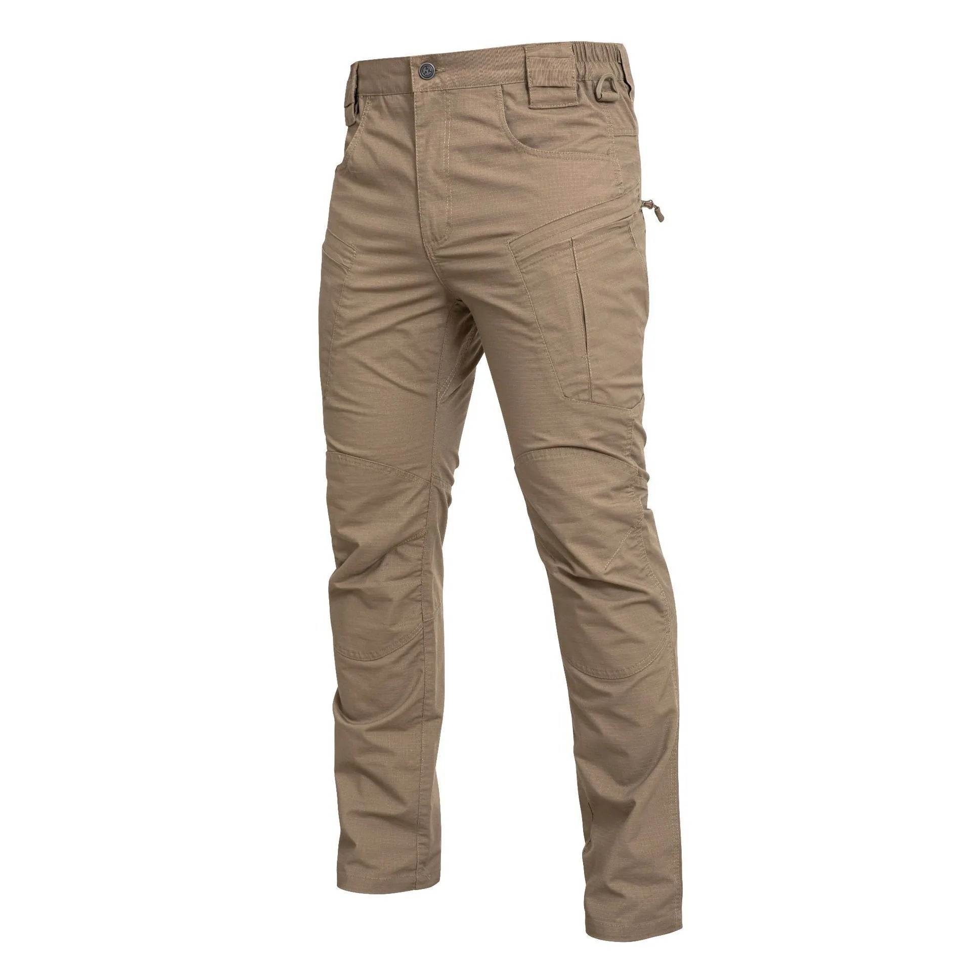Loose multi-pocket men's cargo pants in khaki cotton blend fabric with multiple pockets and drawstring waist