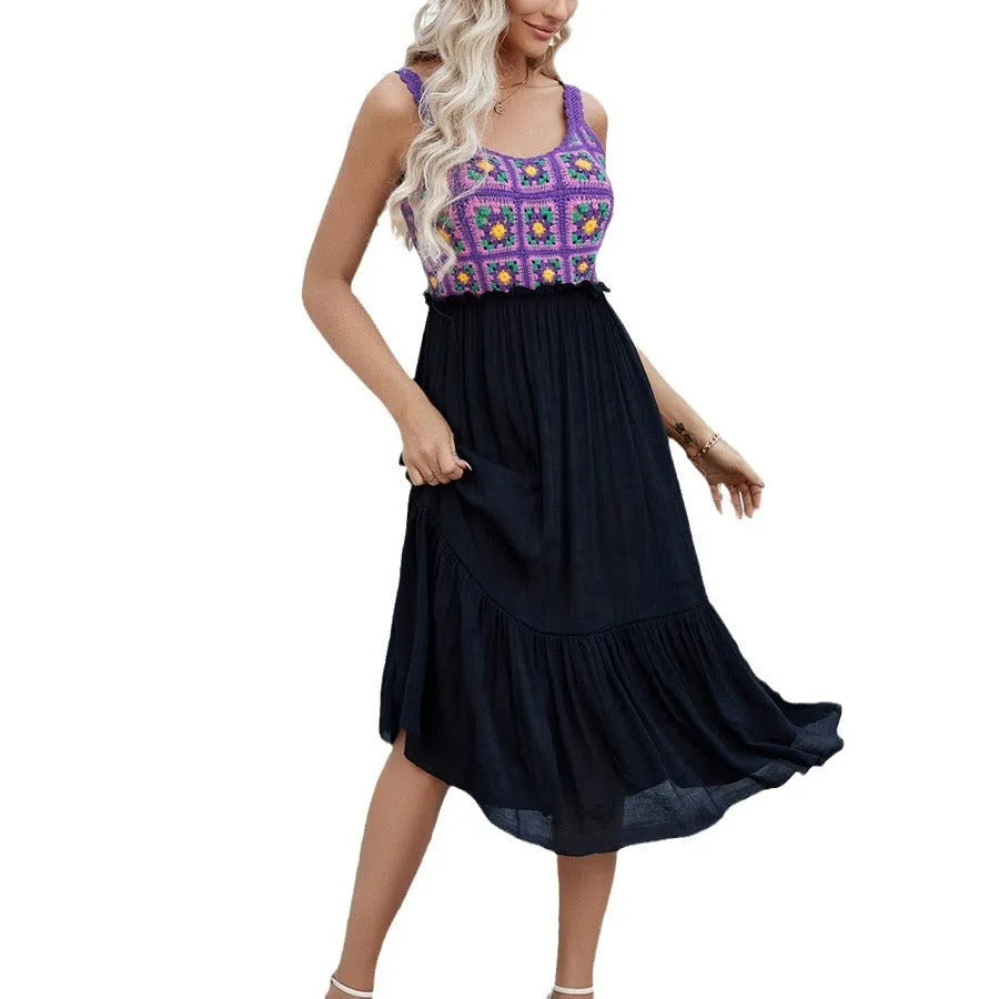 Purple sleeveless dress with hand-stitched floral pattern, cotton blend fabric, free size for women
