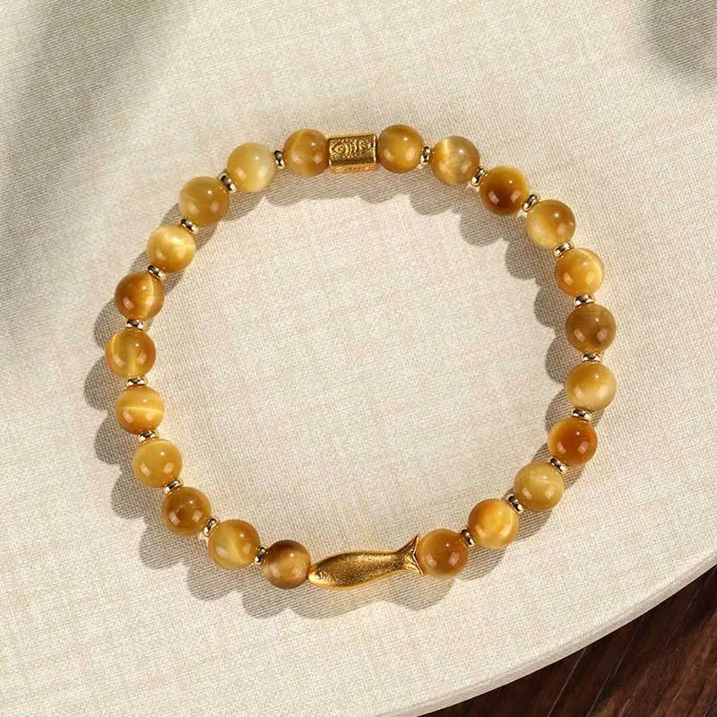 Handmade yellow tiger eye small fish charm beaded bracelet for women
